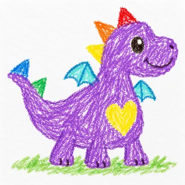 A child's crayon drawing of a purple dragon
