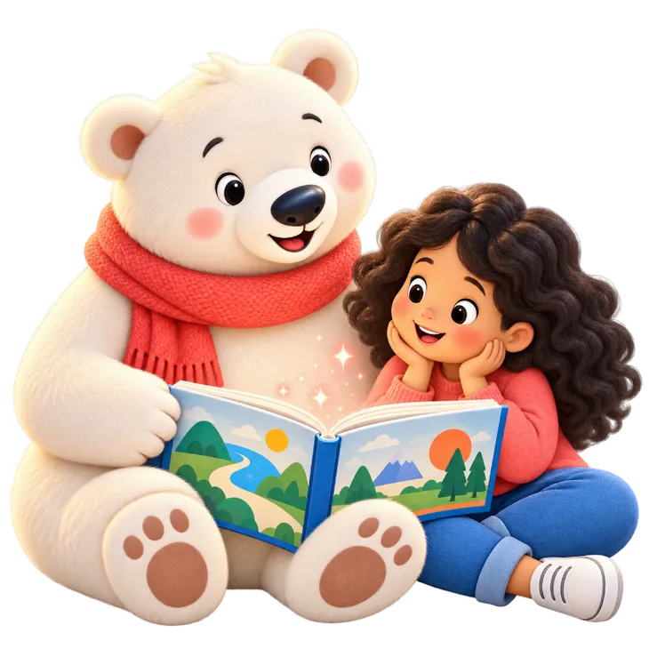 Polar the bear reading a storybook with a child